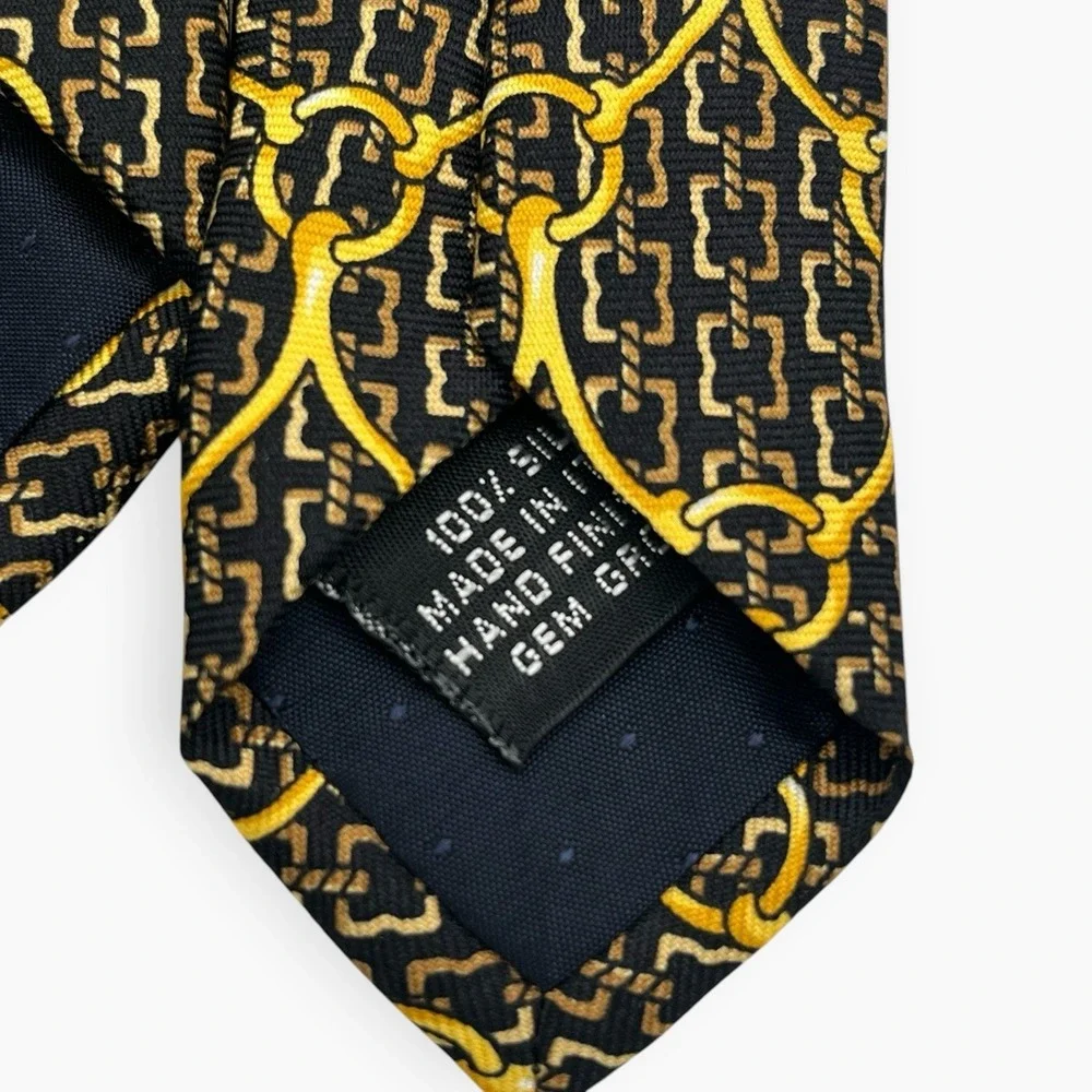 Morgano Uomo Neck Tie Black Gold Yellow Silk Made In Italy Chains Equestrian 60